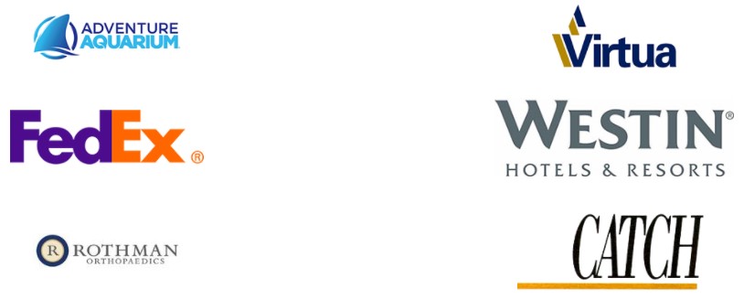 logos from our parterns at Adventure Aquarium, Virtua, FedEx, Westin, Rothman Orthopaedics, Catch